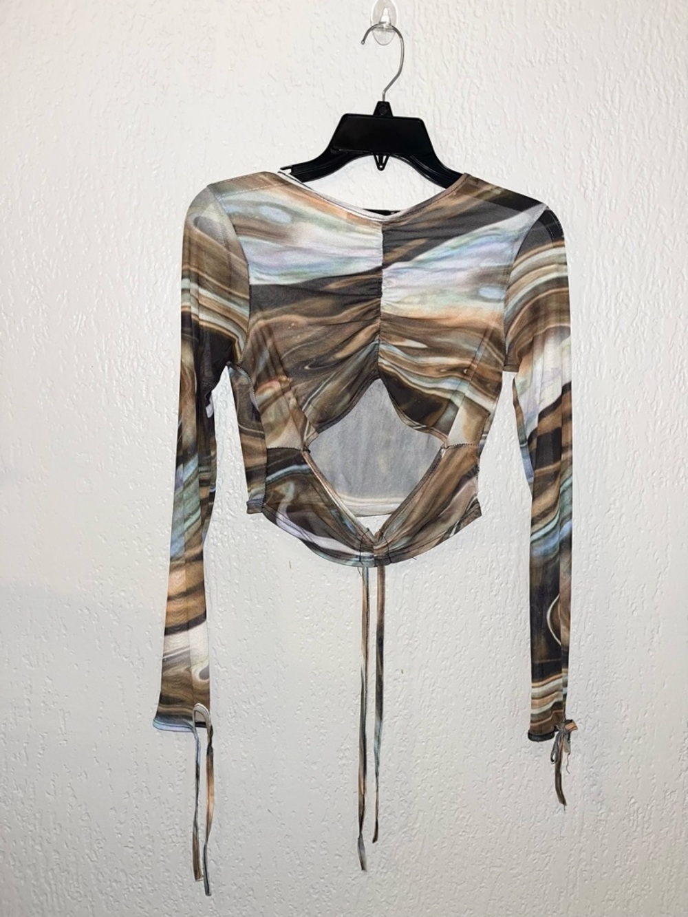 PrettyLittleThing Brown marble Ruched- Mesh Top SZ- 6